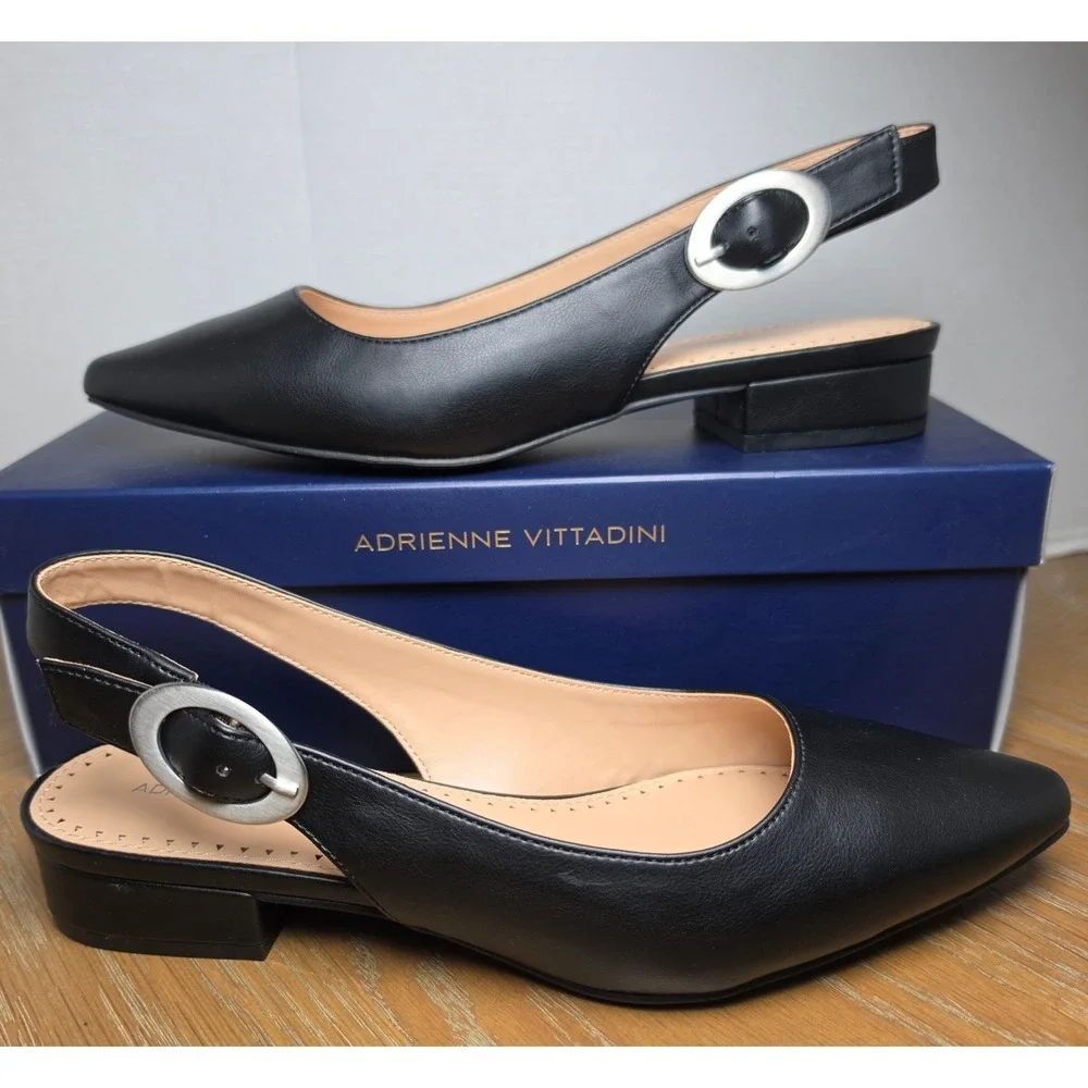 Adrienne Vittadini Papina Black Slingback Pointed Toe Block Heel Pumps Womens 8M